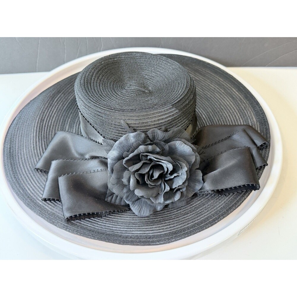 Plaza Suite by Betmar Black Wide Brim Derby Church Hat Floral Wedding Tea Party